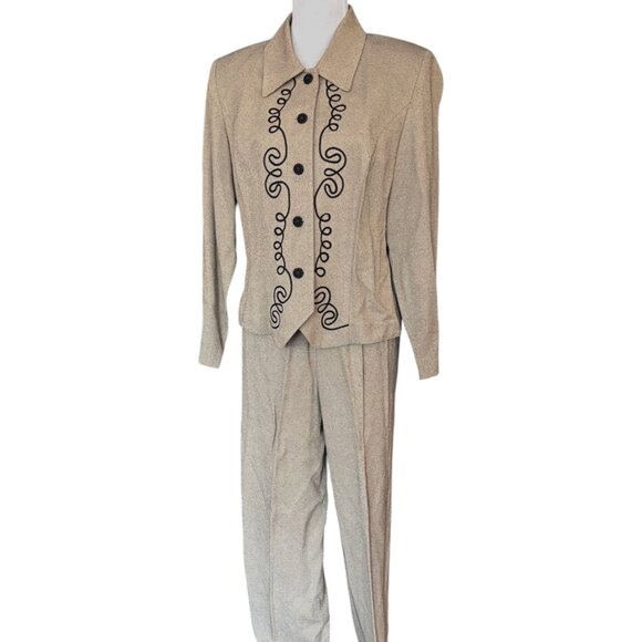 Petite Sophisticate VTG heather oatmeal w black embroidered design pantsuit 12P - Picture 1 of 13